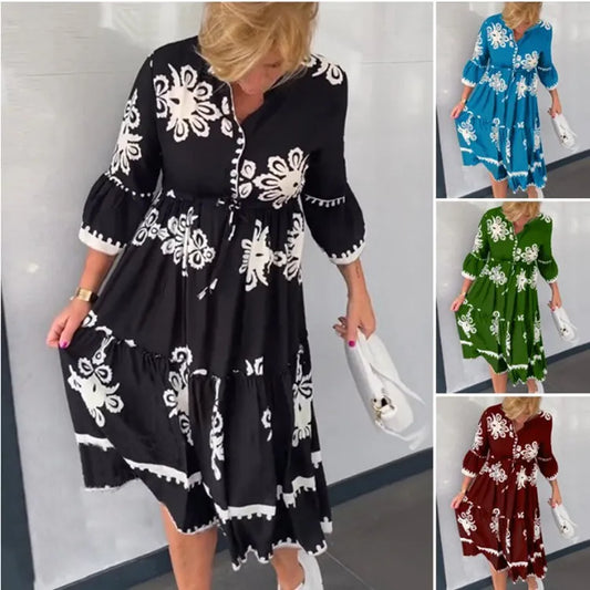 🔥Elegancka modna sukienka z nadrukiem i rękawami 3/4