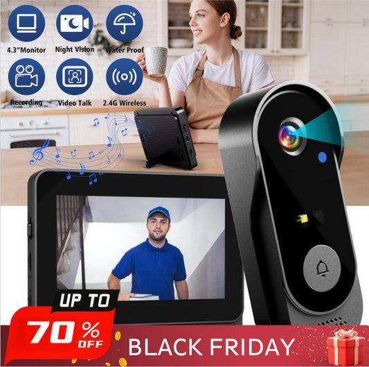 Bezdrátová kamera pro zvonek u dveří: 1080P, úhel 170°, 4.3palcový displej, vodotěsnost IPX65 pro venkovní použití, noční vidění