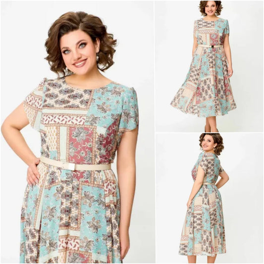 👗Elegancka patchworkowa sukienka z okrągłym dekoltem