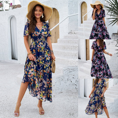 🔥👗Sukienka damska casual z dekoltem w serek i kwiatowym nadrukiem
