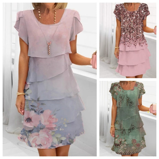 🌸Rochie de tort elegantă cu imprimare florală și gât rotund