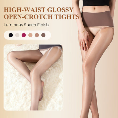 High-Waist lesklé punčocháče s otevřeným rozkrokem